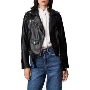 Women's Faux Leather Motorcycle Jacket PU Slim Short Biker Coat 2022 Black